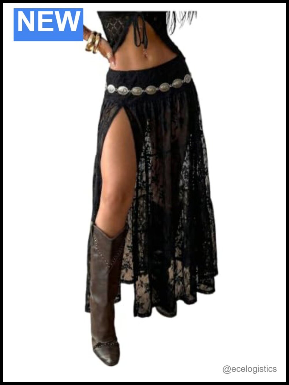 Black Lace Maxi Skirt Gothic Y2K Asymmetrical High Stretch